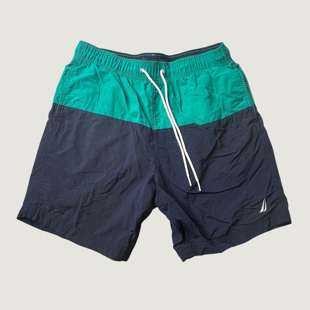 Nautica Swim Trunks Mens M Navy Green Colorblock T18020 Board Shorts Drawstring
